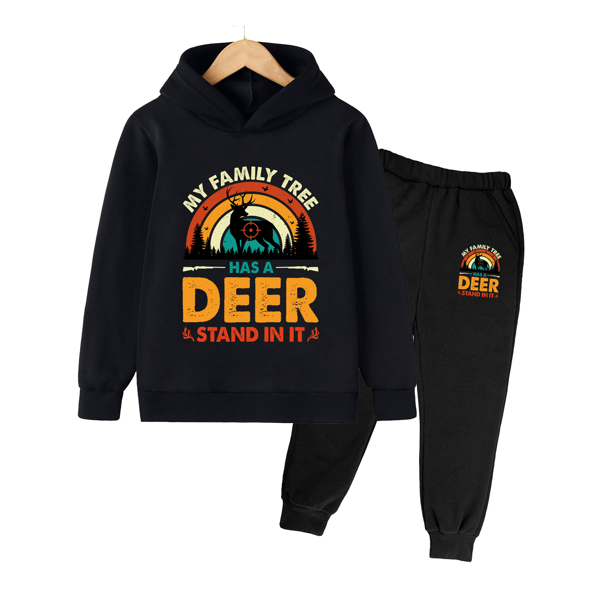 Outdoor Hunting Hoodie - Kinder-Hoodie & Jogginghosen-Set, Retro-Hirschjagd-Print-Outfit für Jungen