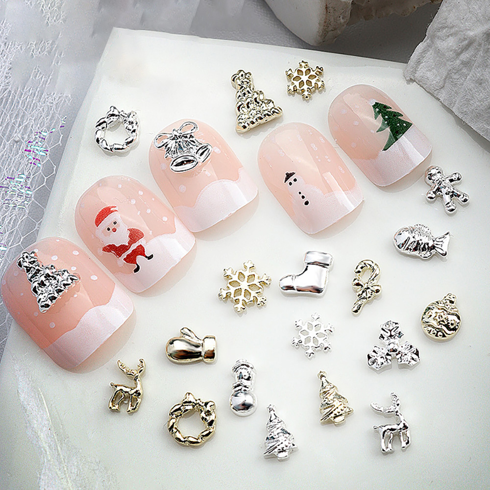 Elk Bugle Call - 50 Stück gemischte Mini-Weihnachts-Cartoon-Nagel-Charms, Gold, Silber,